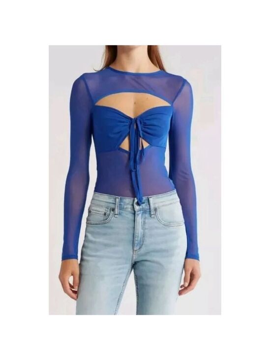 Topshop Tops - Topshop Cutout Detail Long Sleeve Mesh Top Blue See-through